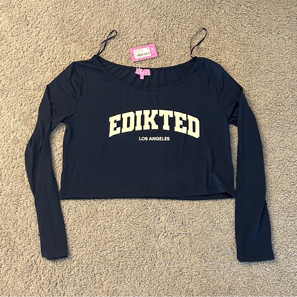Edikted Navy Crop Off Shoulder Long Sleeve Top